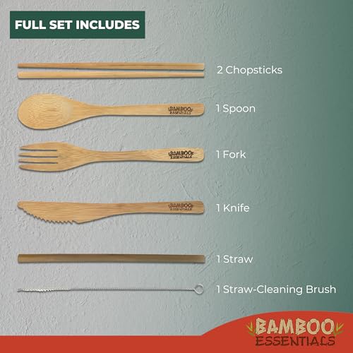 Bamboo Travel Utensil Set with Case - Fork, Spoon, Knife & Straw - Sunset Red