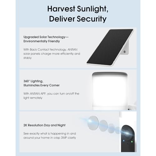 ANRAN Solar Security Cameras Wireless Outdoor with Light,2K Porch Floodlight Camera with Color Night Vision & AI Motion Detection,2-Way Talk Spotlight Siren Alarm,Compatible with Alexa
