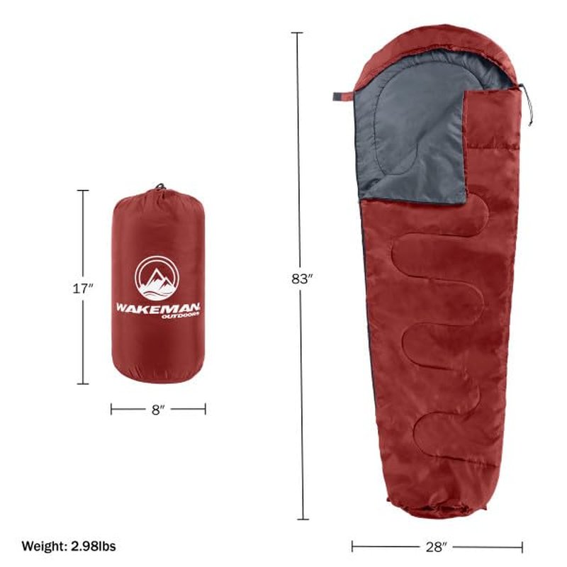 Mummy Sleeping Bag - Adult Cold Weather Sleeping Bag Rated to 25°F - Waterproof with Drawstring Hood - Camping Equipment by Wakeman Outdoors (Red)