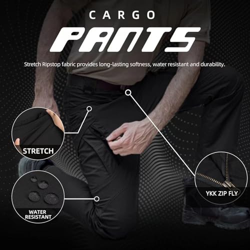 Hiwise Men's Water-Resistant Ripstop Tactical Cargo Pants 34W x 32L Black