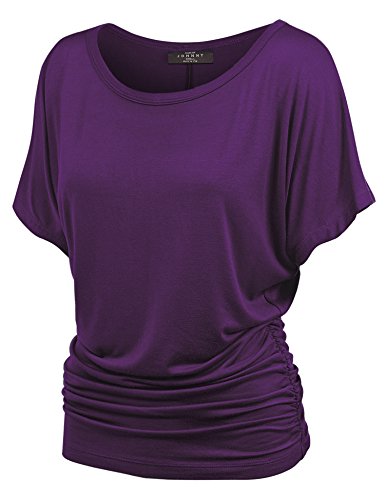 Women's Purple Dolman Sleeve Boat Neck Top with Side Shirring - Large