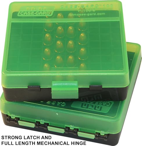 100 Round Ammo Box for 9mm & 380 ACP - Flip-Top Storage Case - Clear Green/Black