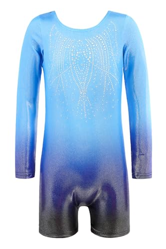 Long Sleeve Gymnastics Leotard for Girls with Shorts - Dark Blue, 10-12 Years