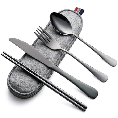 Travel Utensils Set with Case - 5 Piece Portable Silverware - Black