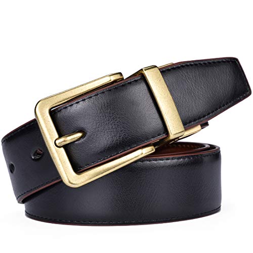 Reversible Leather Belt with Antique Gold Buckle - Black/Lt Brown 32-34