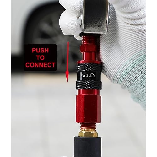 Heavy Duty Reinforced Polyurethane Recoil Air Hose 1/4 in x 10 ft, Lightweight, Flexible Compressor Hose with Universal Quick Coupler, Plug and Bend Restrictors, Red