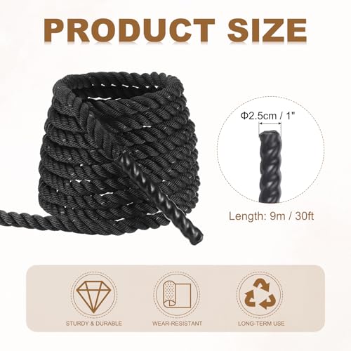 Battle Rope 10ft x 1 Inch - Heavy Polyester Fitness Rope - Black