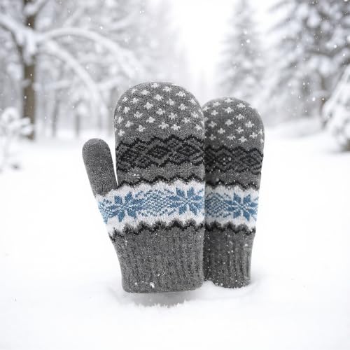 Double Layer Winter Mittens - Warm Soft Snow Gloves - Medium Grey