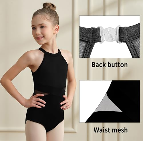 Babene Girls Black Mesh Leotard with Hollow Back - Halter Neck, Age 10-12