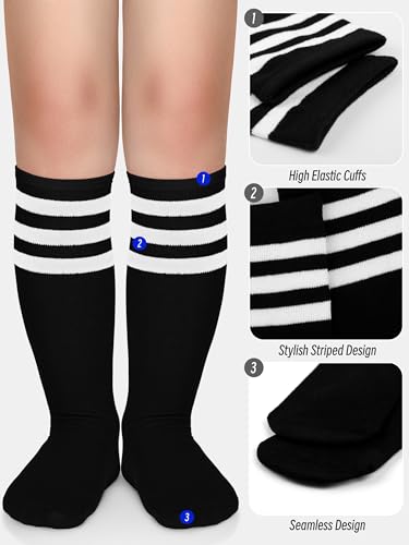 Kids Soccer Socks - Cotton Knee High Socks for Ages 6-9 - Black, White, Rose Red, Pink