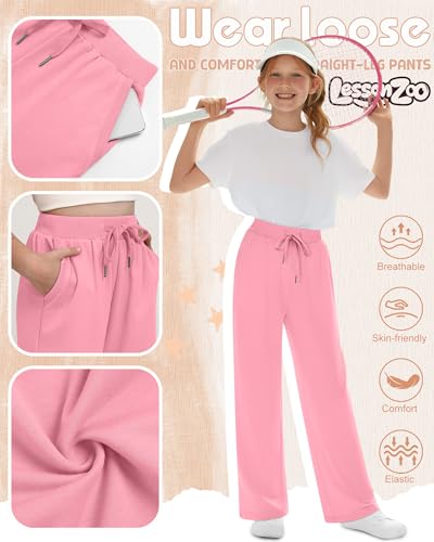 Girls' Wide Leg Sweatpants with Pockets - 4 Pack, Apricot Beige, Grapefruit, Sky Blue, Black, Large | Kids Activewear