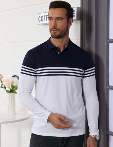 Men's Striped Color Block Long Sleeve Polo Golf Shirt