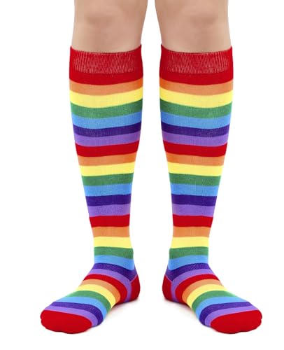 Knee High Socks for Women - Novelty Holiday Print - Red-Rainbow