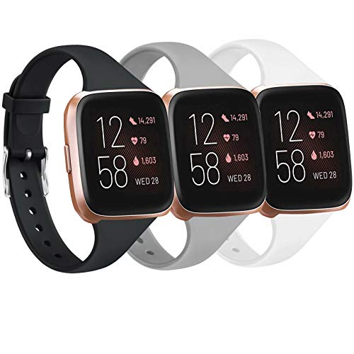 Slim Silicone Bands for Fitbit Versa 2 - 3 Pack Large, Black/Gray/White