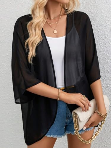 Women's Chiffon Kimono Cardigan Sheer Beach Cover Up - Black, Small