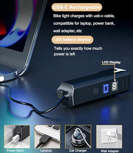 Rechargeable Bike Headlight with Auto On/Off, 5 Lighting Modes & USB-C Charging