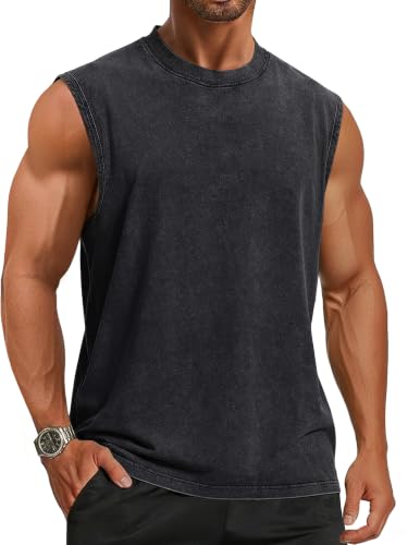 Men's Sleeveless Acid Wash Tank Top - Cotton, Loose Fit, Large Black
