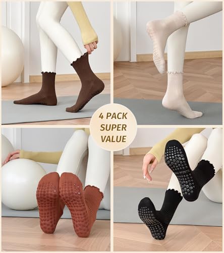 Non-Slip Ruffle Grip Socks for Women - 4 Pairs Multicolor