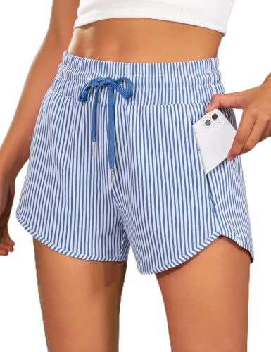 BMJL Women's 2.5" High Rise Athletic Shorts with Zipper Pockets - Blue Striped, Medium