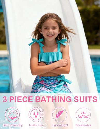 ALISISTER Girls 3-Piece Swimsuit Set with Cover Up & Skirt - Mermaid Blue 5-6Y