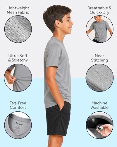 Boys 6 Pack Athletic Shirts - Quick-Dry Short Sleeve Tees