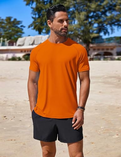 Mens Swim Shirt UPF 50+ Rash Guard - Quick Dry T-Shirt - Orange Small