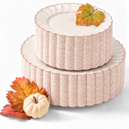 By Madee Ivory Rose Gold Heavyweight Scalloped Plastic Plates Set for Weddings - 100 Pc