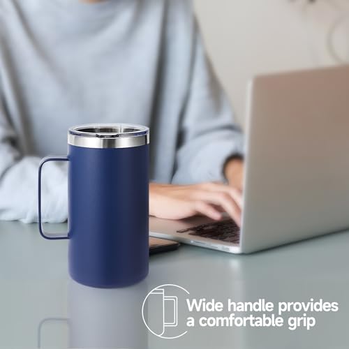 Volhoply 22oz Insulated Stainless Steel Travel Coffee Mug with Handle - Navy, Leakproof Lid, Reusable Tumbler for Hot & Cold Drinks, Bulk 2 Pack