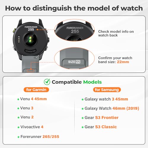 ANCOOL Silicone Sport Watch Band 22mm for Garmin Venu 2/3/4, Forerunner 255/265, Galaxy Watch 46mm, Black/Gray