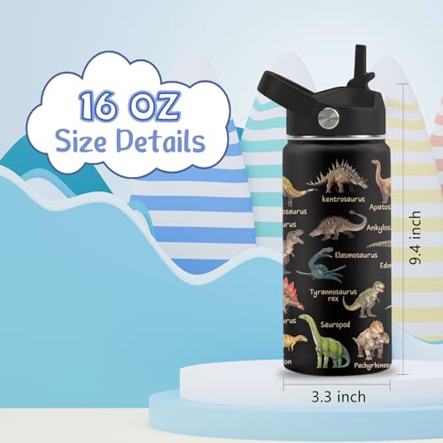 FAIVHSO Dinosaur Water Bottle with Straw Lid, 16 oz Insulated Stainless Steel Kids Gift