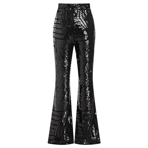 ODIZLI Women's Black High-Waisted Sparkle Sequin Flare Pants Large