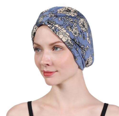 Satin Lined Chemo Turban Beanie Head Wrap - Blue & Floral
