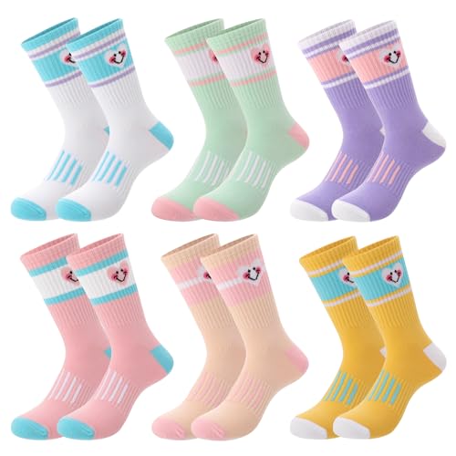 Girls Athletic Crew Socks - 6-Pack Cotton Sports Socks - Heart Stripe