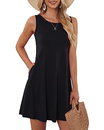 AUSELILY Women's Summer Boho Floral Beach Dress with Pockets - Black, Medium