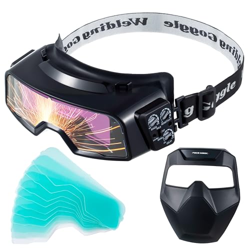 Meonum Auto Darkening Welding Goggles, Wide Rang Shade 4/5-9/9-13, Welding Glasses with Welder Mask and 10 Replacement Lenses, Adjustable Sensitivity work for TIG MIG ARC Plasma Cutting