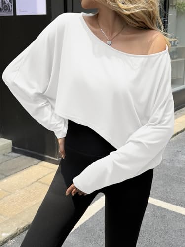 Fisoew Womens Off The Shoulder Cropped Tops Batwing Long Sleeve Loose