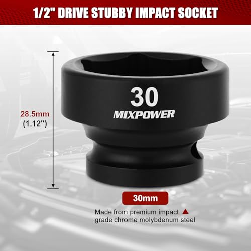 MIXPOWER 1/2" Drive Stubby Impact Socket,CR-MO,30mm,6-Point,Metric,Radius Corner Design, Axle Nut Impact Grade Socket for Easy Removal
