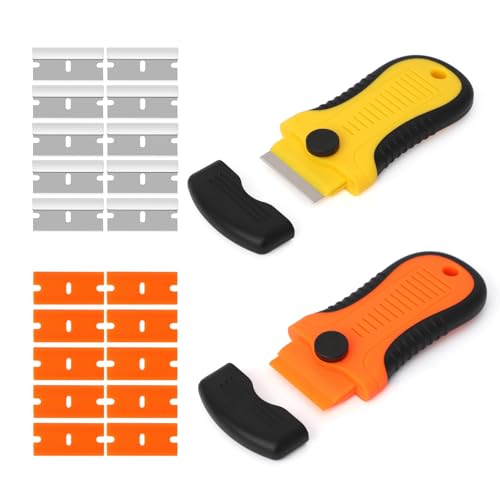 2PACK Locking Razor Blade Scraper with Safety Cap Glass Cooktop Scraper with Extra 10 Plastic Razor Blades and 10 Metal Blades for Glass Clean Paint and Old Label Decal Sticker Remover