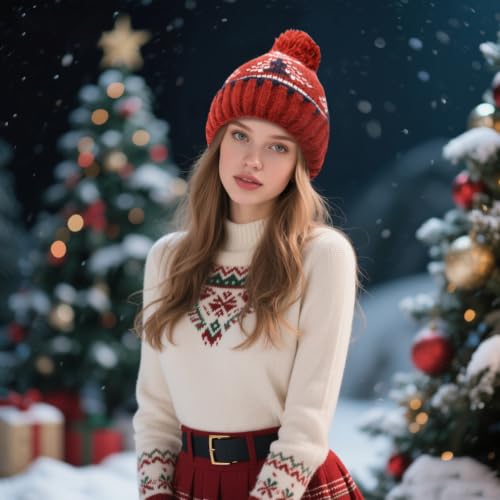 Winter Beanie Hat for Women - Warm Fleece Lined Pom Knit Earflap - D-Brick Red