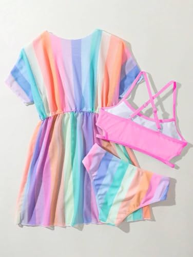 Kids Girls Bikini Set 3-Piece Swimsuit with Multicolor Stripes & Quick Dry Cover-up