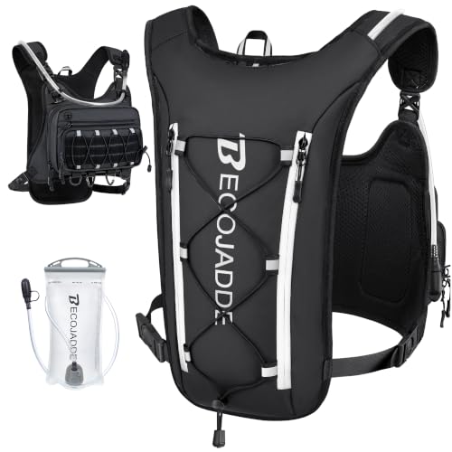 BECOJADDE Men's Hydration Running Vest with 2L Water Bladder - Pitch Black, Standard Set