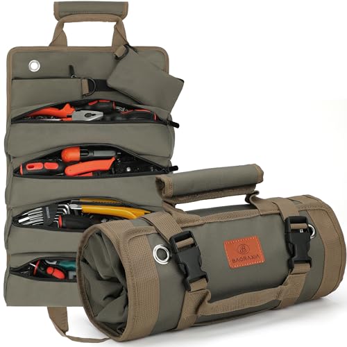 Tool Bag Gifts for Husband Him, Roll Up Small Tools Box Storage, Tool Gifts for Men Dad Boyfriend Grandpa, Presents for Birthday, Heavy Duty Tool Organizer with 2 Pouch