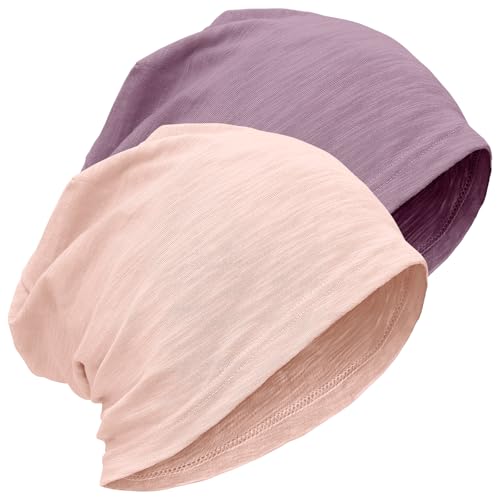 ROYBENS Lightweight Cotton Slouchy Beanie for Men Women - 2 Pack Pink & Purple Medium