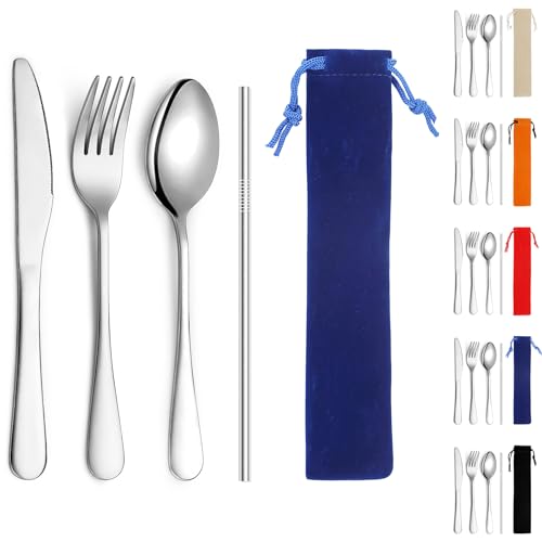 Portable Stainless Steel Flatware Set - Reusable Camping Cutlery - Blue Bag