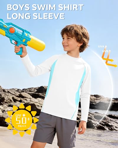 Boys Long Sleeve Rash Guard Swim Shirt - 11-12 Years White