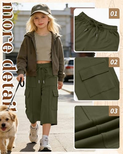 Girls Cargo Capri Pants with Pockets - Adjustable Waistband