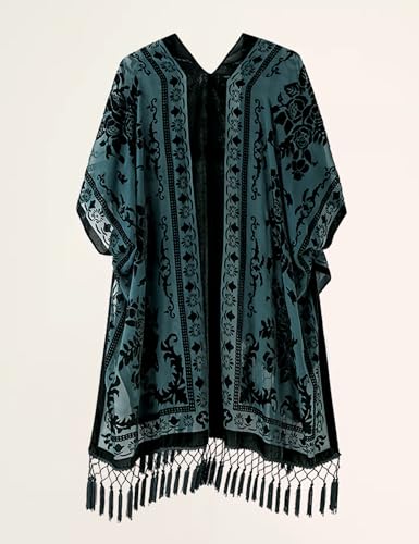 BohemyanRace Women's Burnout Velvet Kimono Cardigan Dark Green - Long Coverup with Tassels