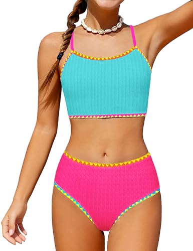 Girls Colorful Contrast Trim Bikini Set - Blue & Pink, 15-16 Years