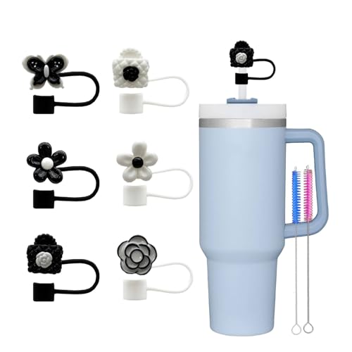 10mm Black & White Straw Cover Caps - 6 Pcs with Flower Design