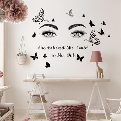Black Eyelash Eyes Butterfly Wall Stickers, sacinora Inspirational Quotes Motivational Word DIY Wall Decals Removable Vinyl Peel and Stick for Women Girl Kids Living Room Bedroom Nursery Art Decor
